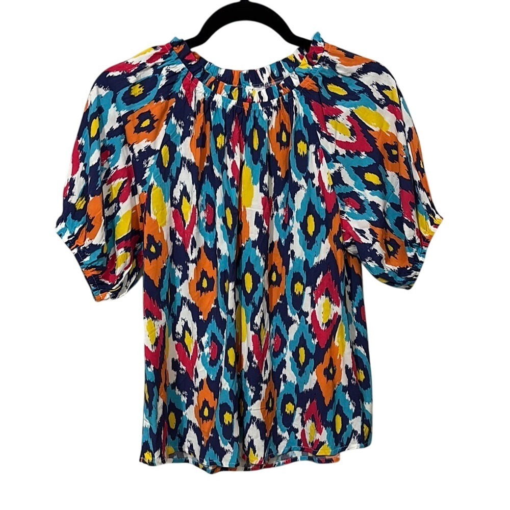 Emily Wonder Vibrant‎ Puff Sleeve Blouse Geometric Print